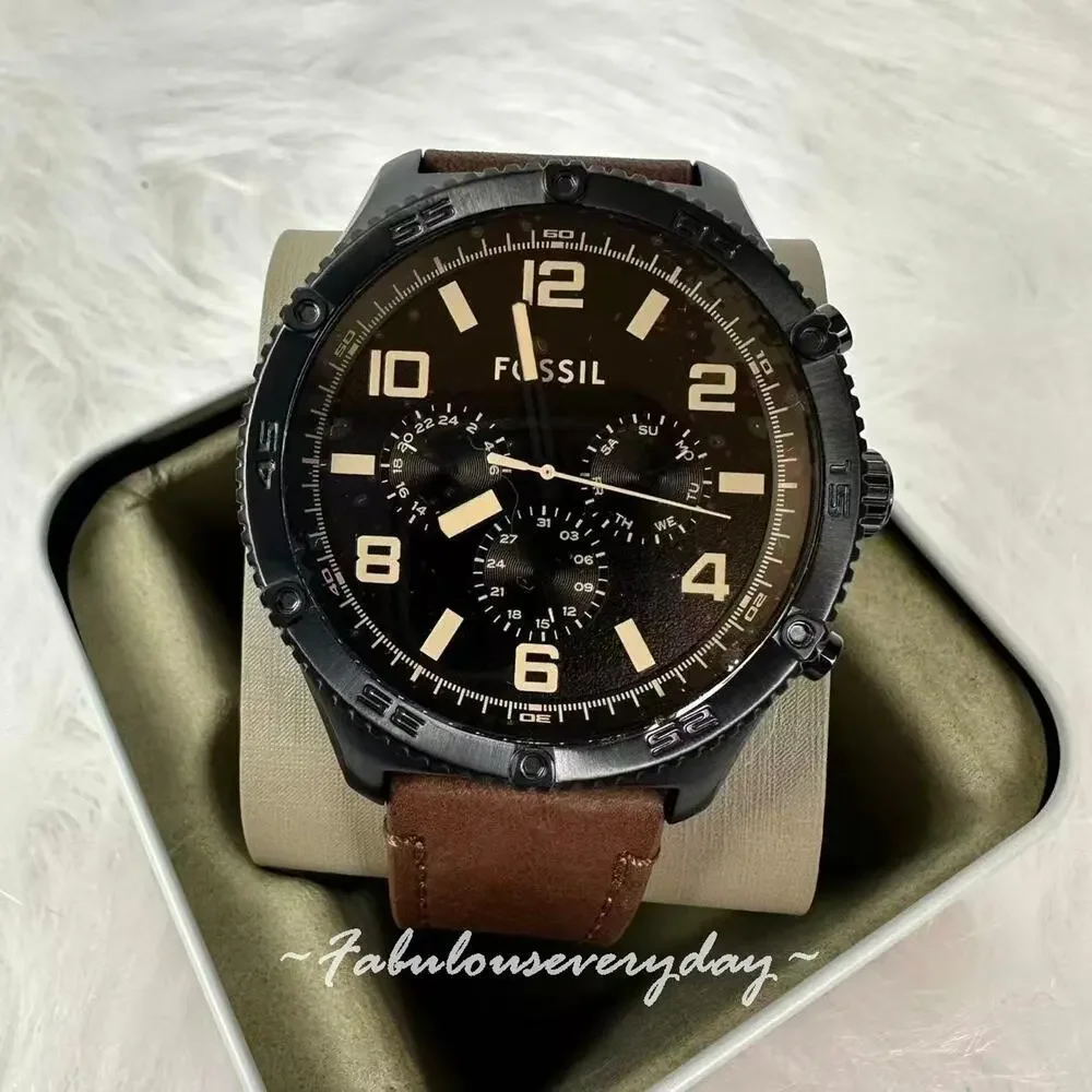 FOSSIL Men's Brox Multifunction Brown Leather Watch Black Dial 50mm BQ2802 NWT